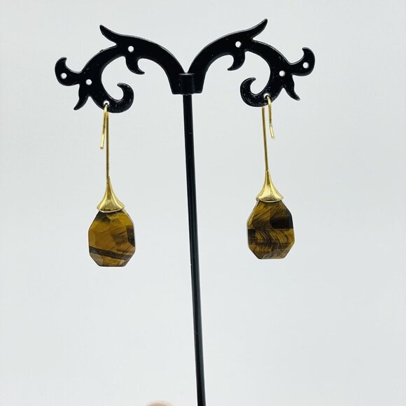 Simulated Tigers Eye Earrings Gold Tone Faceted Boho Festival Party Hippie - Picture 8 of 8